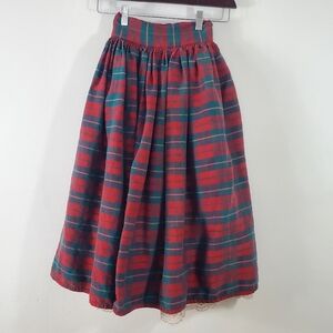 Vintage Skirt Little House on the Prairie Style Red/ Blue Plaid with Lace Trim